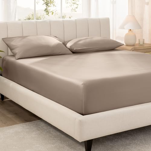 Bare Home 100% Organic Cotton Sateen Fitted Sheet - 400 Thread Count - Smooth Sateen Weave - Breathable & Cooling - Hotel Luxury - Durable Fitted Sheet - Deep Pocket (Twin XL, Taupe)
