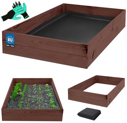 KOTARBAU Fioriera profonda in legno, 140 x 80 x 18 cm, impregnata, colore marrone, aiuola rialzata, aiuola rialzata, per giardino, ortaggi, ortaggi e guanti con artigli