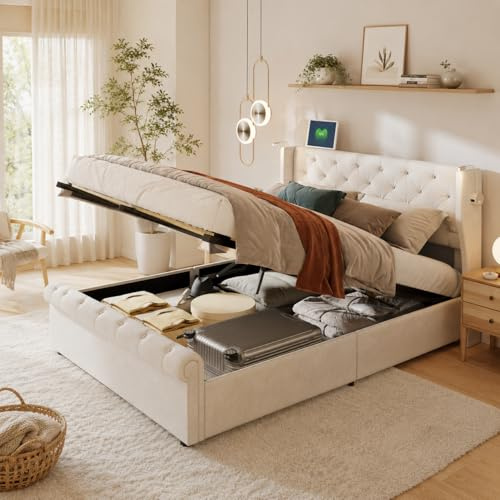 JiaOyu Polsterbett Doppelbett mit Nachttischlampen, Jugendbett Bett 140 x 190 cm, Gepolstert Bett mit Stauraum und USB-Anschluss, Elegantes Samt-Bettgestell in Beige, ohne Matratze(B, 140X190CM)