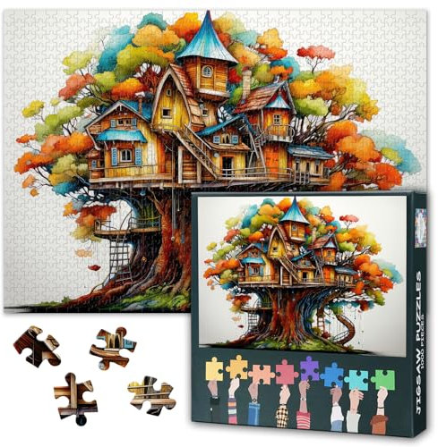 Whimsical Treehouse Jigsaw Puzzles 1000 Pieces for Adults Tree House Jigsaw Puzzles Home Wall Decoration Challenging Puzzle Suitable for Game Nights Finished Size: 70x50cm