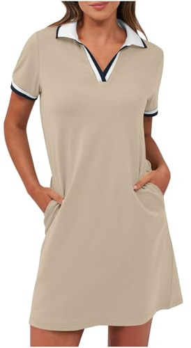 BFSWL Tennis Kleid Damen Kurzarm Polokleid mit Taschen Polokragen Sommerkleid Freizeit Einfarbig Golfkleid Sommer Knielang Sportkleid Sport Freizeitkleid Outdoor Tenniskleid Für Tennis Golf Baseball