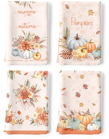 Arquiel Kürbis Blume Herbst Geschirrtücher 4 Stück, Küchentücher Dekorative 100% Baumwolle Trockentücher Thanksgiving Saugstarke Geschenk für den Urlaub Einweihungsfeier 48 cm x 70 cm