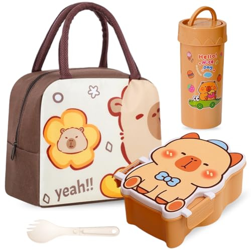 GlibberToy Capybara Bolsa De Almuerzo Para Niños y Fiambrera Para Niños Con Botella,Animales De Dibujos Animados Lunch Bag Reutilizable Con Aislamiento Para Viajes Picnic Escuela