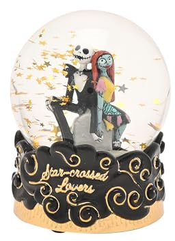 Disney Nightmare Before Christmas Snow Globe – Jack Skellington & Sally Figurines – Black & Gold Water Ball with Gothic Base – Collectible Gift for Fans