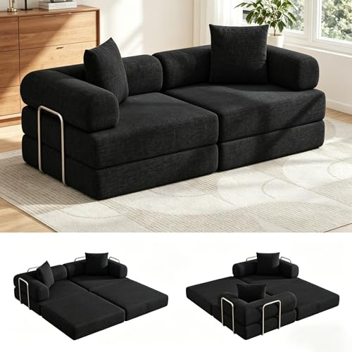 DURASPACE 200cm Folding Convertible Sofa Bed Boneless Foam Sectional Couches with Fixed-Shape Frame,Modular Floor Sleeper Sofa for Living Room (Chenille Black)