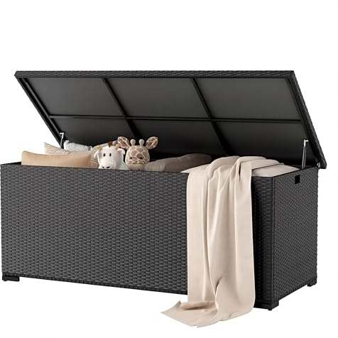 Amopatio 650L Gartenbox Auflagenbox wasserdicht, Kissenbox outdoor aus Polyrattan, Aufbewahrungsbox Metall mit Gasdruckfedern, Gartenkiste wetterfest für Garten, Balkon, Schwarz