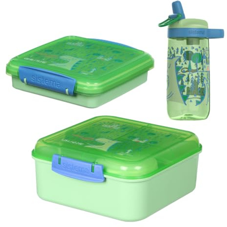 Sistema Expressions Set con Fiambrera Infantil y Botella de agua | Bento Cube (1,25L), Sándwich box(450ml) y Botella Easy Sip (500ml) | Dinosaur Cucumber