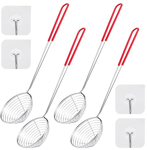 4 Stück Küchensieb Fondue, fondue sieb, fondue körbchen, spinnennetz schöpflöffel, Edelstahl, silber, 27.5 x 6.5 cm, mit 4 Haken, für Kartoffelchips, Gemüse, Nudeln, Hot Pot