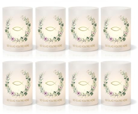 CATZUM 8 Portacandele Tea Light Decorazione da Tavola per Prima Comunione, Cresima, Battesimo, Bomboniere, per Tea Light o Candele, Decorazione Battesimo per Bambini e Bambine (Eucalipto Verde)