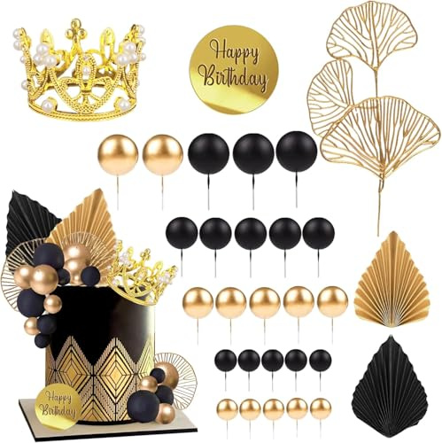 30 Pezzi Decorazioni Torta Compleanno Corona per Torta Palline Decorative per Torte Decorazioni per Torte Oro e Nero Foglie di Palma Ginkgo per Matrimoni, Feste a Tema, Lauree