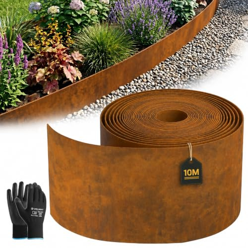 Velway Bordure Jardin Exterieur en Acier Corten 10 m x 14 cm | Bordure de Pelouse Flexible pour Jardin Parterre Potager et Allées, Bordure Metal Anti-Rouille Epaisseur 0,5 mm, Gants Inclus