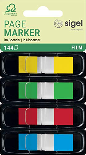 SIGEL HN495 Haftmarker Mini im Spender, 144 Streifen im Format 12 x 43 mm, gelb, grün, rot, blau