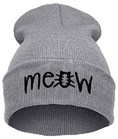 Beurio Slouchy Beanie Winter Knit Skull Mütze für Damen Herren mit Meow - Grau - Einheitsgröße