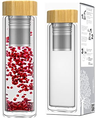 amapodo Teeflasche aus Glas mit Sieb - 400ml Tee Flasche Teekanne to go - Trinkflasche doppelwandig aus Borosilikatglas