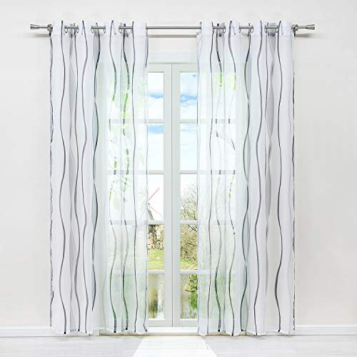 HongYa 1er-Pack Voile Gardine Transparenter Vorhang mit Ösen Wellen Druck H/B 145/140 cm Weiß Silber