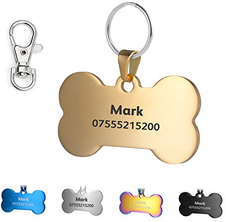KSZ Etiquetas de identificación para Mascotas de Acero Inoxidable, Etiquetas Personalizadas para Perros y Gatos. Grabado Frontal y Trasero. Múltiples Colores (Dorado, Hueso)