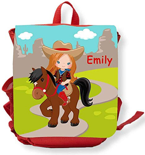 SL-Store GbR Kindergartenrucksack rot Pferd Reiterin rote Haare mit Namen Mädchen Kleinkind Kinderrucksack für Kita Kindergarten personalisiert Name Bedruckt
