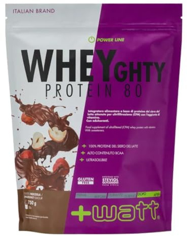 Wheyghty Protein 80 - Integratore a Base di Proteine del Latte all'80% - Formato: 750 g Doypack - Gusto: Nocciola