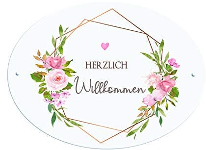 Manufaktur Liebevoll Türschild „Herzlich Willkommen I Willkommensschild mit Blumen Motiv I Geschenkidee und Dekoration für die Haustür