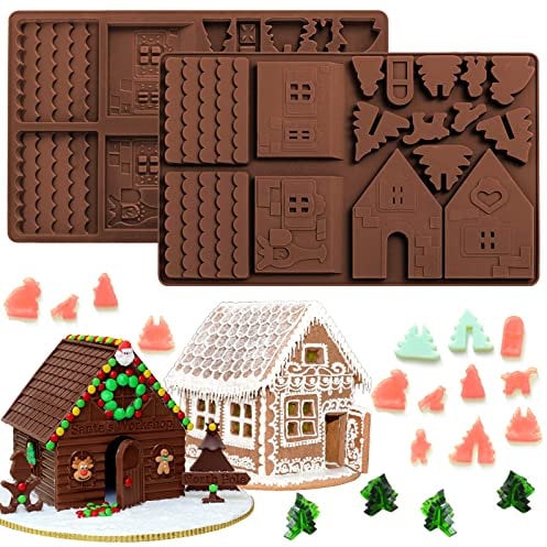 Whaline 2pcs Christmas Chocolate Candy Mould Gingerbread House Mold Silicone Xmas Baking Cookie Mould Non Stick for Ice Cube Jelly Cake Pudding Fondant, Christmas Party Decorations Supplies