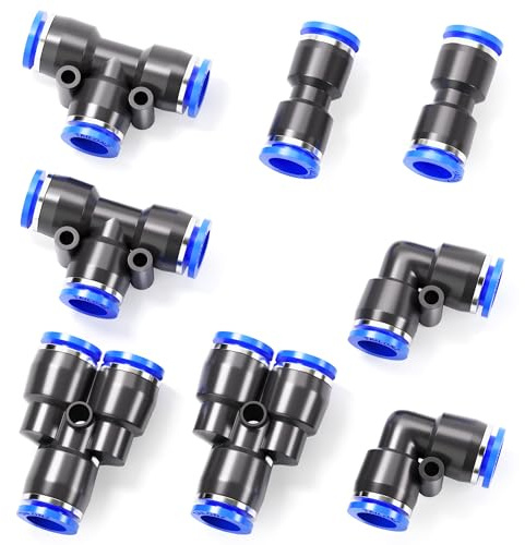 TAILONZ Pneumatic 1/2 Inch OD Push to Connect Fittings, Pneumatic Fittings, Kit, 2 Splitters, 2 Angles, 2 Tees, 2 Straight (8 Pieces)