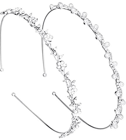 2 Pieces Wedding Bridal Faux Pearl Rhinestones Headband Crystal Flower Headband for Women Girls Party Costume