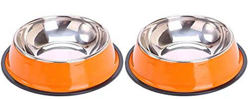 Angeer 2 Pack Stainless Steel Dog & Cat Bowls Non-Slip Pet Food and Water Dishes with Anti-Tip Design, Durable Easy-Clean Bowls for Puppy, Kitten, Pets (Orange)