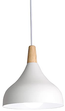 Hongho Suspension Luminaire Vintage Métal Lustre Industriel Lampes E27 Corde Ajustable Abat-jour Bois Aluminium pour Salon Cuisine Restaurant Salle à manger Chambre (Blanc)