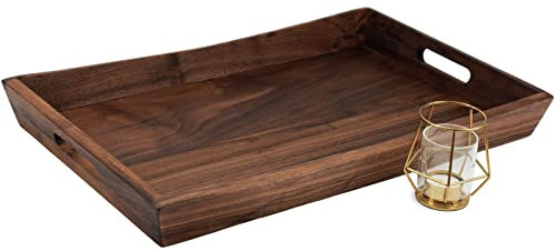MAGIGO 22 x 14 Inches Large Rectangle Curved Black Walnut Wood Ottoman Tray with Handles, Serve Tea, Coffee, Classic Wooden Decorative Serving Tray