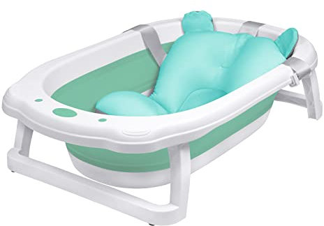 XMTECH Baby Badewanne Faltbare,Babywanne 82 * 50 * 20cm,stabiles PP&TPE Plastik,platzsparendm,Badewanne für Babys mit Abflusslöchern & rutschfestem Fußpolster,mit Babywannenkissen,Grün