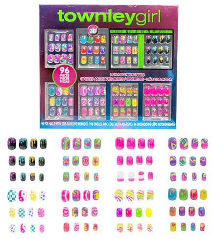 Townley Girl Lot de 96 ongles à presser comprenant un ensemble de faux ongles artificiels phosphorescents avec kit de pointes d'ongles à couverture complète pré-collée, soirées pyjama et relooking