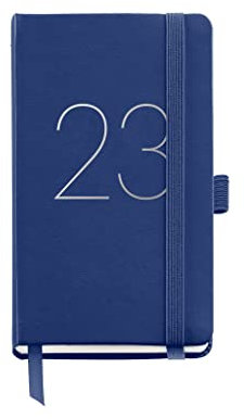 Miquelrius - Jahresplaner 2023 - Tag Seite - Größe Passport 90 x 140 mm - Hartcover aus Kunstleder genäht - Gummizug - Spanisch, Englisch und Portugiesisch - Blau