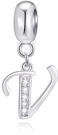 Buchstabe V Charms Initials V Alphabet Anhänger Perlen, 925 Sterling Silber Letra Charm Pendant mit klaren CZ, passen Pandora Valentinstag Armband, Geschenke für Mädchen/Jungen/Thanksgiving Day