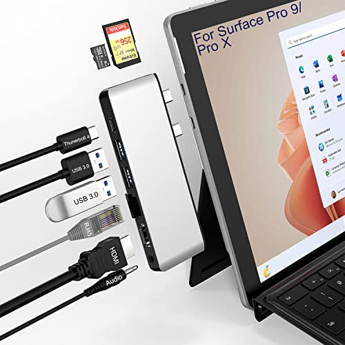 Surface Pro 9 Hub-Dockingstation mit 4K HDMI, USB-C Thunderbolt 4(8K@30Hz+40G Daten+100W Leistung), 100M RJ45, 2 USB3.0, SD+TF Kartensteckplatz, 3.5mm Audio, Triple Display für Surface Pro 9/X