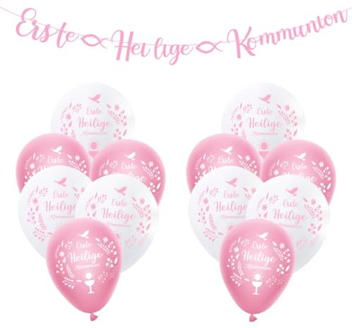 KGDUYC 12 Pcs Luftballons Kommunion - Erste Heilige Kommunion Girlande Rosa Deko Banner Papier mit Erstkommunion Hängende Dekoration für Kommunion Sakrament Jungen Mädchen (12 Zoll)