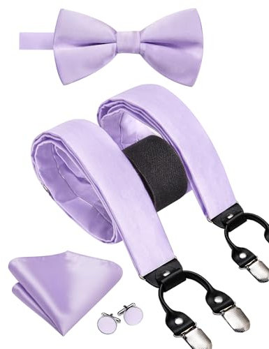 Hi-Tie Herren Hosenträger und vorgebundene Fliege mit Einstecktuch, stark, verstellbar, 6 Clips, Y-Rücken, Herren-Hosenträger, Helles Violett, M