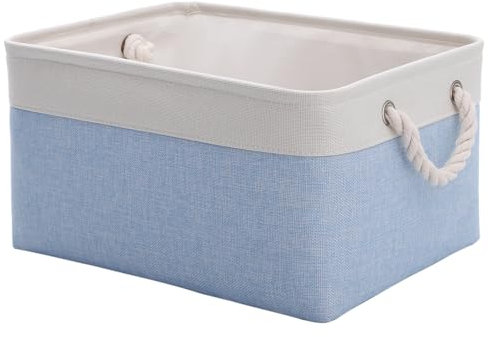 CREADARD Small Storage Box with Cotton Handles, Fabric Foldable Linen Canvas Wardrobe Storage Baskets for Living Room, Laundry Room, Kids Room and Bedroom (BlueWhite 1pcs)