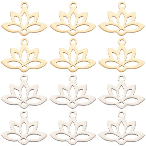 SUNNYCLUE 1 Box 24 Stück Lotus Charm Gold Lotus Charm Yoga Charm Edelstahl Blumen Charm Hohler Blumen Charm Yoga Charm Lasergeschnittene Charms Für Die Schmuckherstellung Charms DIY Ohrringe Armband H