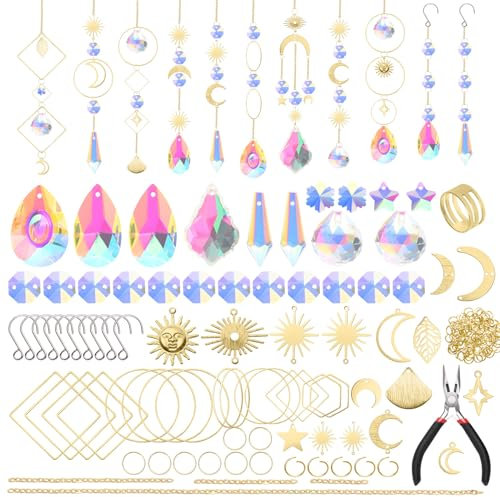 OFFCUP Sonnenfänger Kristall Windspiel, 200 Stück Kristall Anhänger Bastelsets, Hanging Windspiel Kristall Suncatcher Fensterdeko Hängend Lichtfänger Kristalle Ornament für Garten Hochzeiteko - Gold