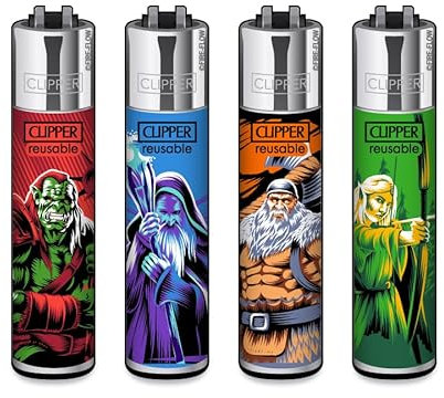 Clipper Feuerzeuge, Set mit 4 Stück, außergewöhnliche Motive (Fantasy Warrior)