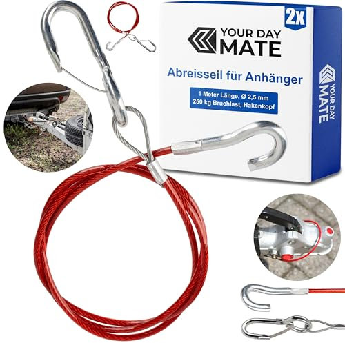 Cavo di sicurezza per rimorchi, 2 set, cavo d'acciaio da 1 metro x Ø 2,5 mm con moschettone e gancio di chiusura, carico di rottura 250 kg, in rosso, per tutti i tipi di rimorchi e caravan frenati