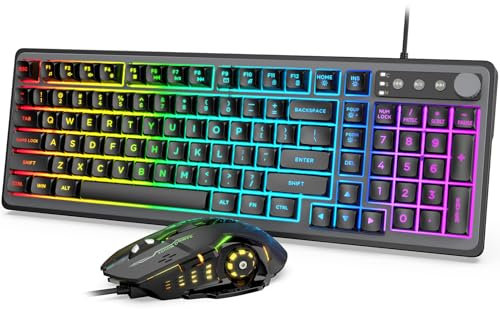 Combo de teclado y mouse para juegos – RGB Rainbow retroiluminado, teclado de computadora con cable con patas de inclinación ajustables, 26 teclas anti-fantasma, ratones con cable de rodillo de