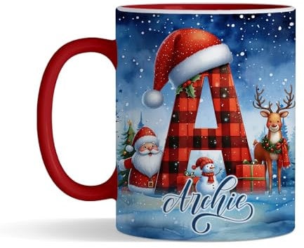 Getagift Personalised Christmas Alphabet Letter, Initial with Name, Xmas, Secret Santa Alphabet, Inside Coloured Coffee, Tea Mug. (Red)