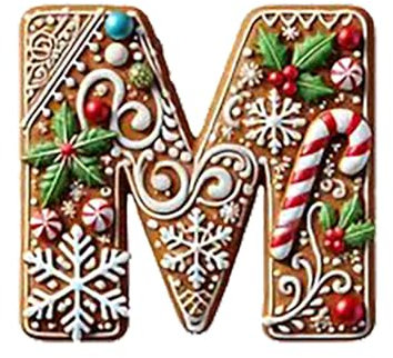 26 Lebkuchen-Alphabet-Ornamente für den Weihnachtsbaum, Buchstaben Weihnachtsbaumschmuck Anhänger, Zuckerstangen-Anhänger mit Anfangsbuchstaben und Beerenmuster (M)