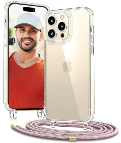 Vaykwo Handykette für iPhone 15 Pro Max Hülle mit Band, Roségold | Necklace Handyhülle, Transparente Case zum Umhängen, Verstellbar und Abnehmbar