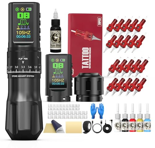 WORMHOLEPRO Wireless Tattoo Machine Kit, 2 Batteries 1,800mAh Power Supply, Smart Tattoo Pen, 20PCS Tattoo Needles, Black, Not Water Resistant