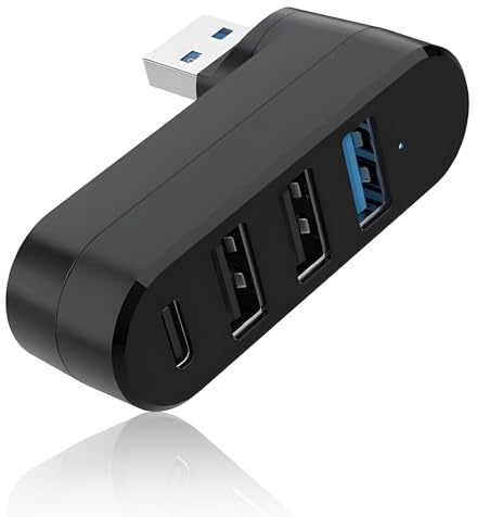 3.0 Mini USB Hub With 90°/180° Rotatable 4 Ports, High Speed Extender With Type-C Power/Data for Laptop, Flash Drives, Mobile HDD, MacBook (Black)