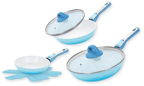 Genius Cerafit Revolution Keramik-Pfannenset 7-teilig, 20 cm + 24 cm + 28 cm, Antihaftbeschichtung, ThermoSpeed-Induktions-Technologie, Vlies Einler inklusive, blau