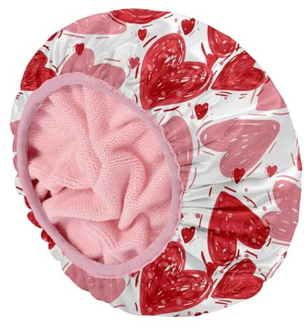 E ENASUE Wiederverwendbare 3-lagige Duschhaube,Extra-große wasserdichte Duschhaube, geeignet für alle Arten von langem Haar,Verstellbare Damen-Duschhaube, ideal für Mädchen (Pink heart)