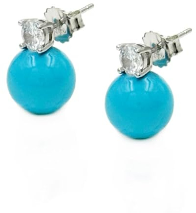 Orecchini in Argento Sterling 925 e Zirconia Cubica Bianca con Sfera Colorata in Pasta di Turchese, Corallo Rosa e Corallo Rosso